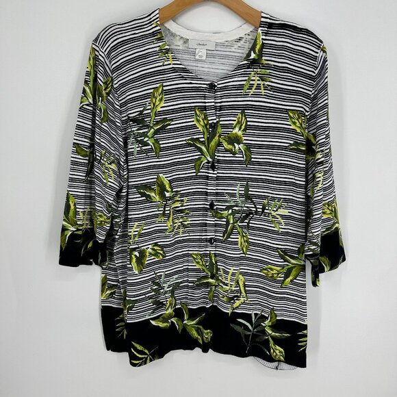 3/$25 CJ Banks Cardigan Sweater 3X Cotton Button Down 3/4 Sleeves Striped Leaves - Picture 1 of 7